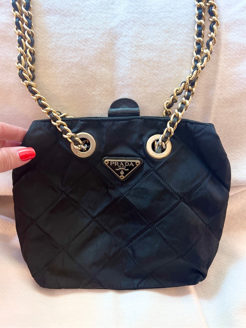 Prada Black Quilted Nylon Shoulder Bag with Gold Chain Straps